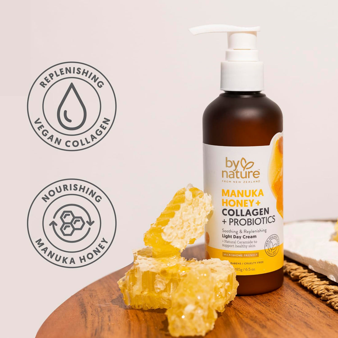 By Nature Manuka Honey + Collagen + Probiotics Day Cream - Nourishing Formula to Soothen your Skin - Skincare from New Zealand - 6.5 oz