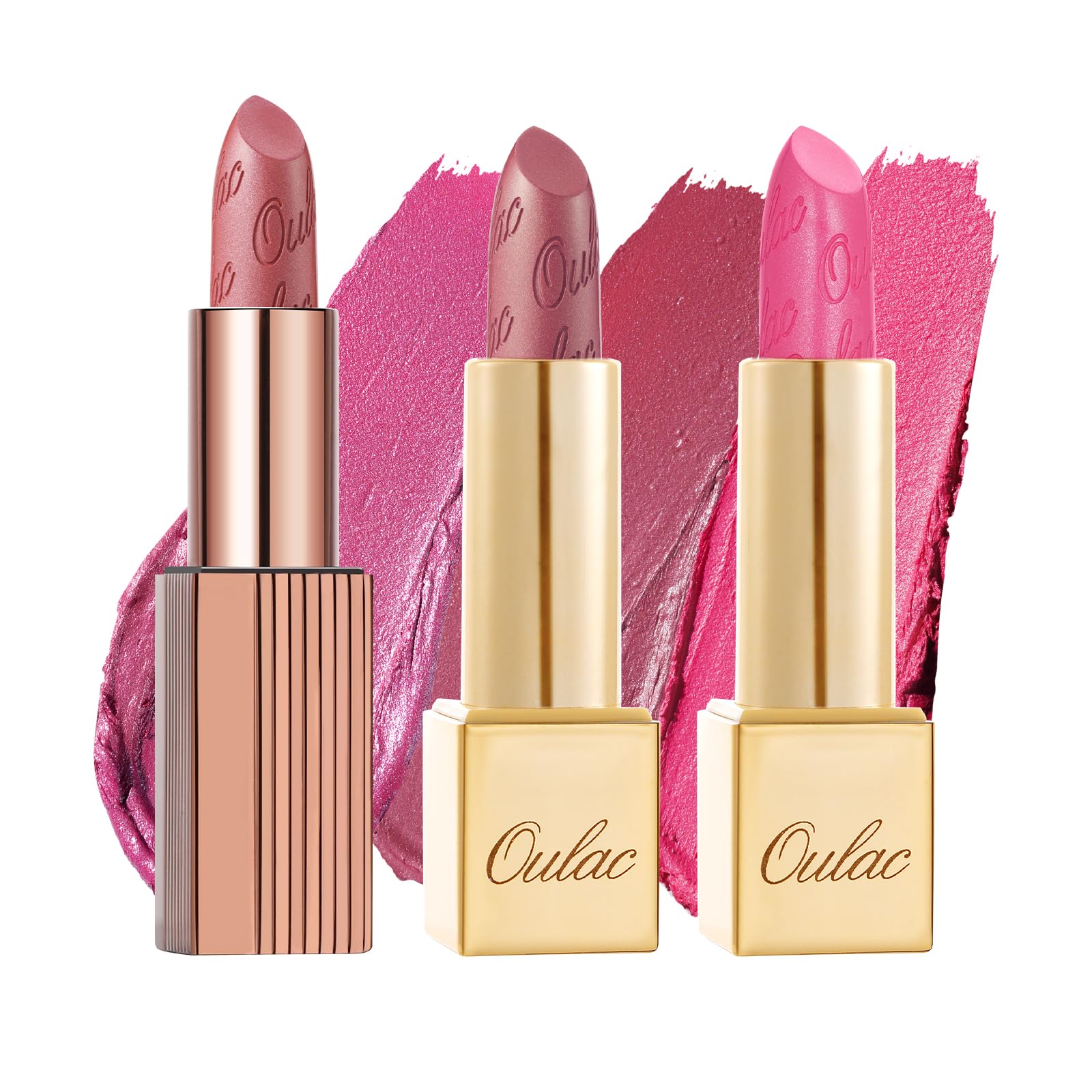 Oulac Metallic Pink Lipstick Set 3PCS, Comfortable Creamy Texture, Smooth No Grainy Feeling, Vegan & Gluten Free, Full-Coverage Lip Makeup, 3 X 4.3 g, 602+01+17
