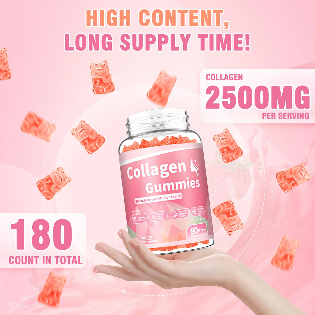 WyuuKi 180 Count Collagen Gummies 2500mg Collagen Protein Type I II III V X with Biotin Vitamins C A B D E Keratin Hyaluronic Acid for Hair Skin Nails Joint Immune Digestion for Women Men Sugar Free