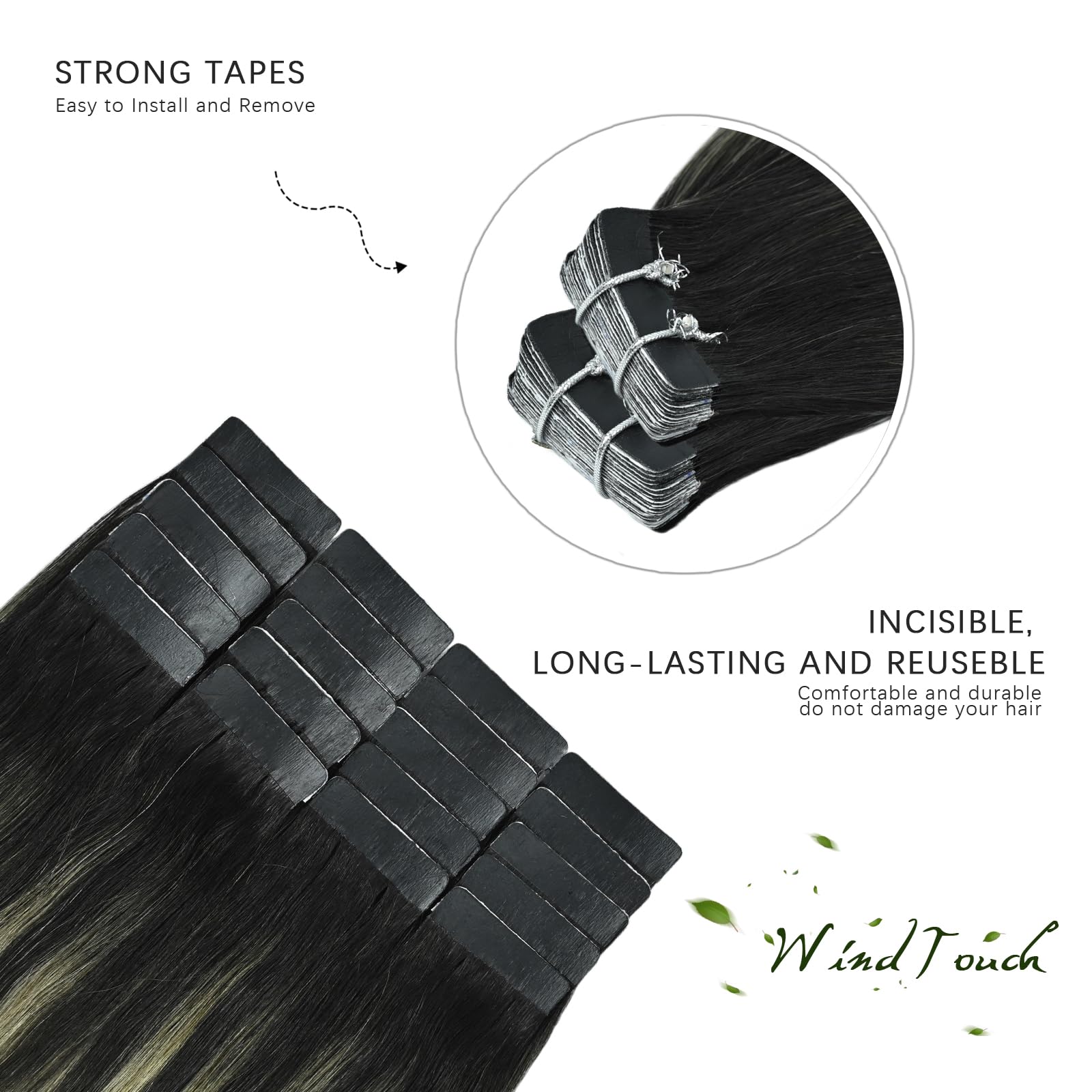 WindTouch Tape In Hair Extensions Human Hair Double Sided Tape Skin Weft Balayage Ombre Hair Natural Black Fading to Silver Ash Blonde Hair Extensions Remy Hair #1btGray 50g 16Inch 20PCS Thick