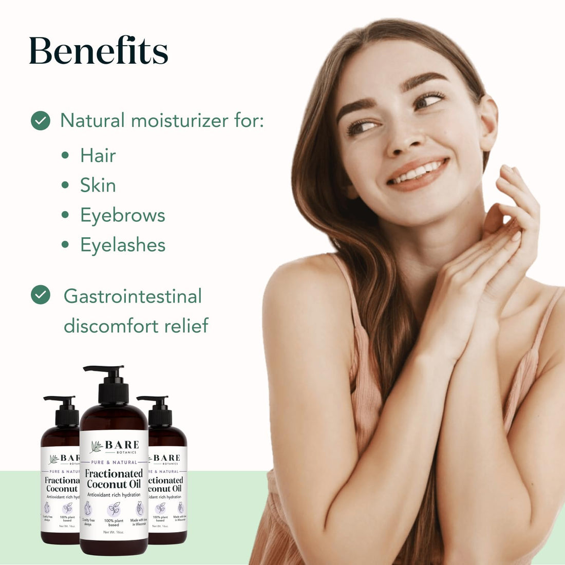 Bare Botanics 100% Pure Fractionated Coconut Body Oil 16 oz - Cold Pressed & Natural for All Over Moisturization - Multipurpose Carrier Oil for DIY - Hydrate Dry Skin, Hair & Body - Vegan Cruelty Free