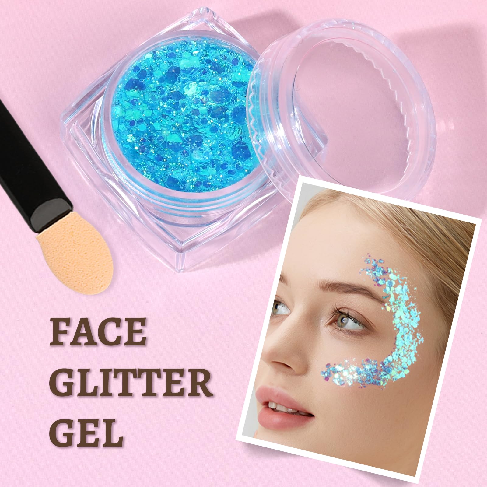 Teenitor Body Glitter Face Glitter Hair Glitter Gel, 6 Colors Body Glitter for Women, Self Adhesive Face Gems Face Rhinestones for Festivals Concerts Rave Glitter