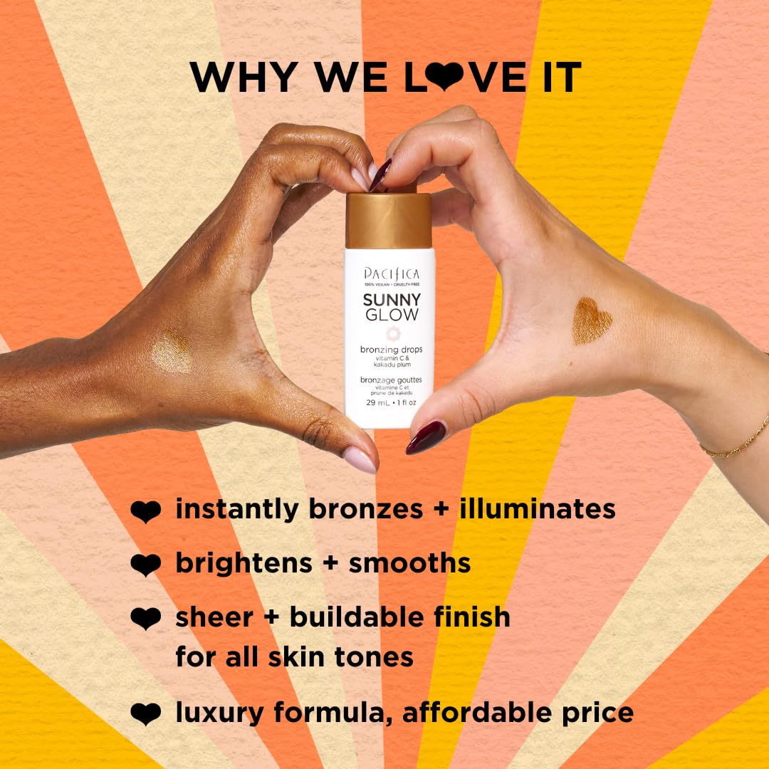 Pacifica Sunny Glow Liquid Face Bronzer Drops - Face Makeup Bronzing For Face & Cheeks for Instant Sun-Kissed Glow - Vitamin C & Glycolic Acid Infused Liquid Bronzer Illuminating Highlighting Clean