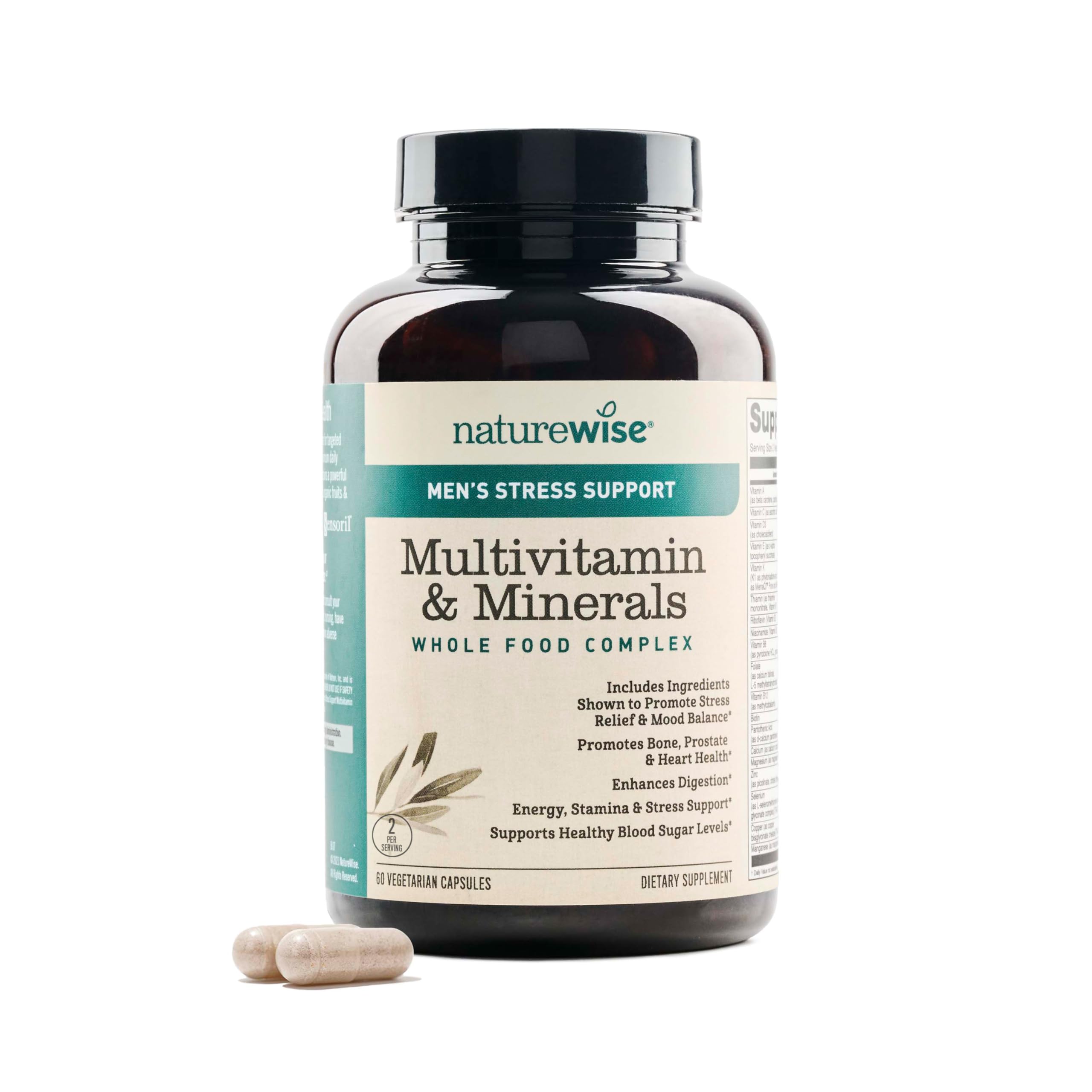NatureWise Multivitamin for Men + Stress Support + Fulvic Ionic Minerals + Probiotics for Immunity, Male Health, Digestion + Whole Organic Foods - Vegetarian, Non-GMO - 60 Capsules[1-Month Supply]