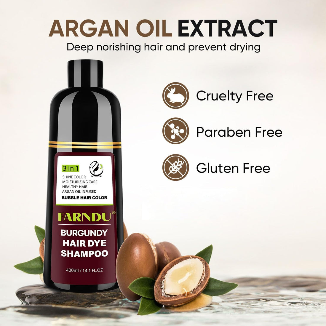 Farndu Red Burgundy Hair Dye Shampoo 3-in-1 for Women Men Gray Hair Coverage, Natural Herbal Ingredients 14.1Oz