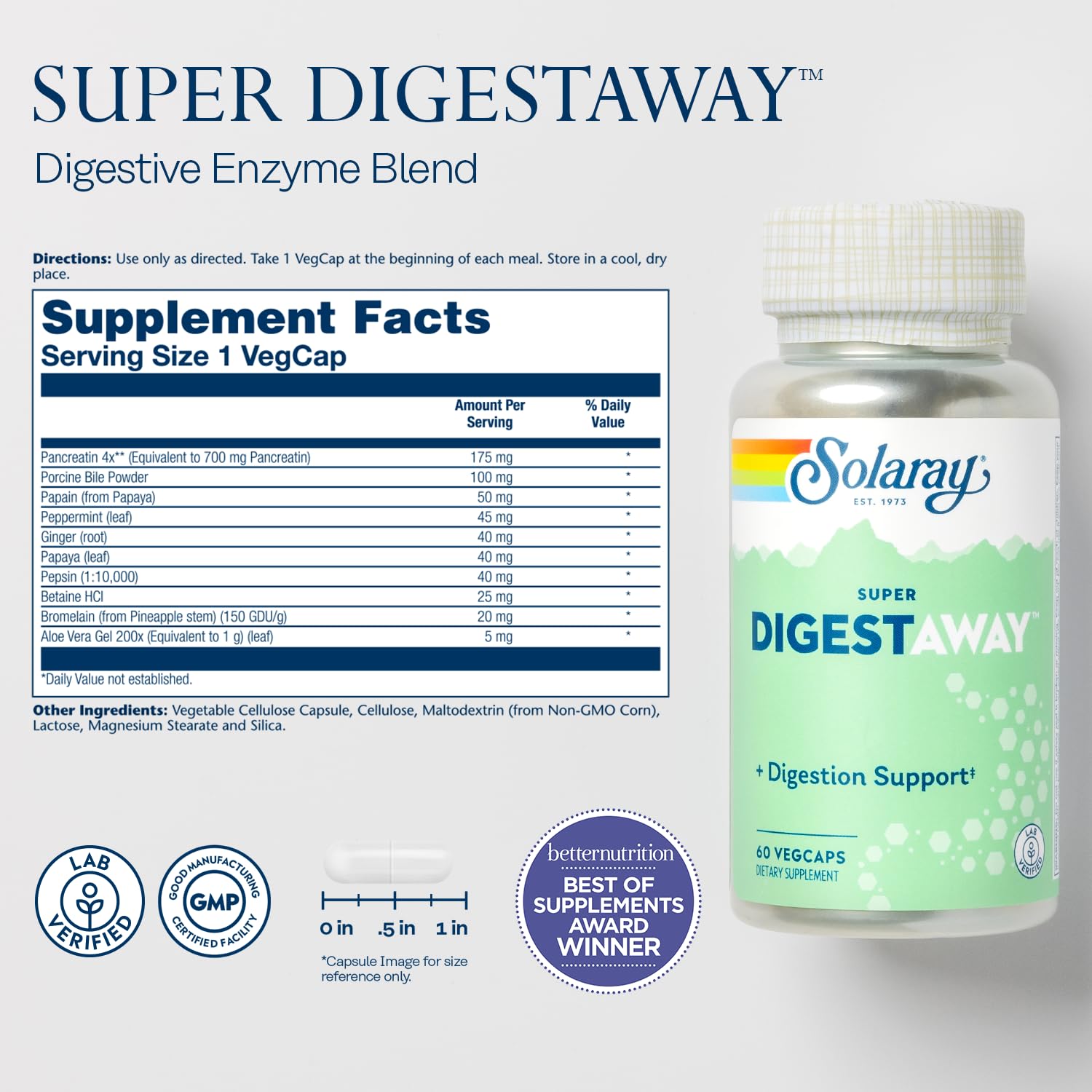 SOLARAY Super Digestaway Digestive Enzymes - Pancreatin, Papain, Ginger, Pepsin, Betaine HCl, Aloe Vera, and More - Digestion & Nutrient Absorption Support - Lab Verified - 60 VegCaps
