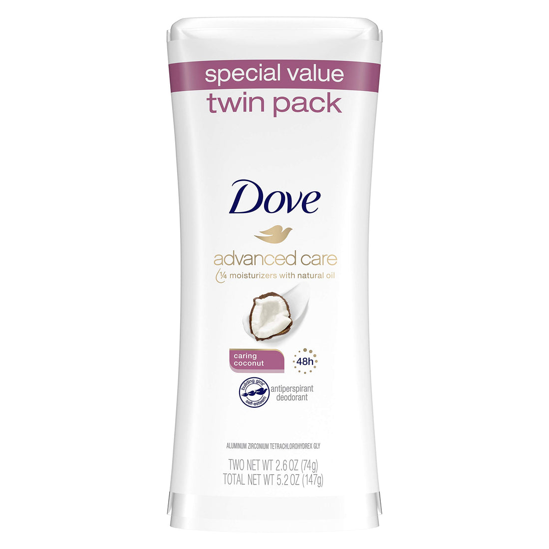 Dove Advanced Care Antiperspirant Deodorant Stick for Women, Caring Coconut, for 48 Hour Protection And Soft And Comfortable Underarms,2.6 Ounce (Pack of 2)