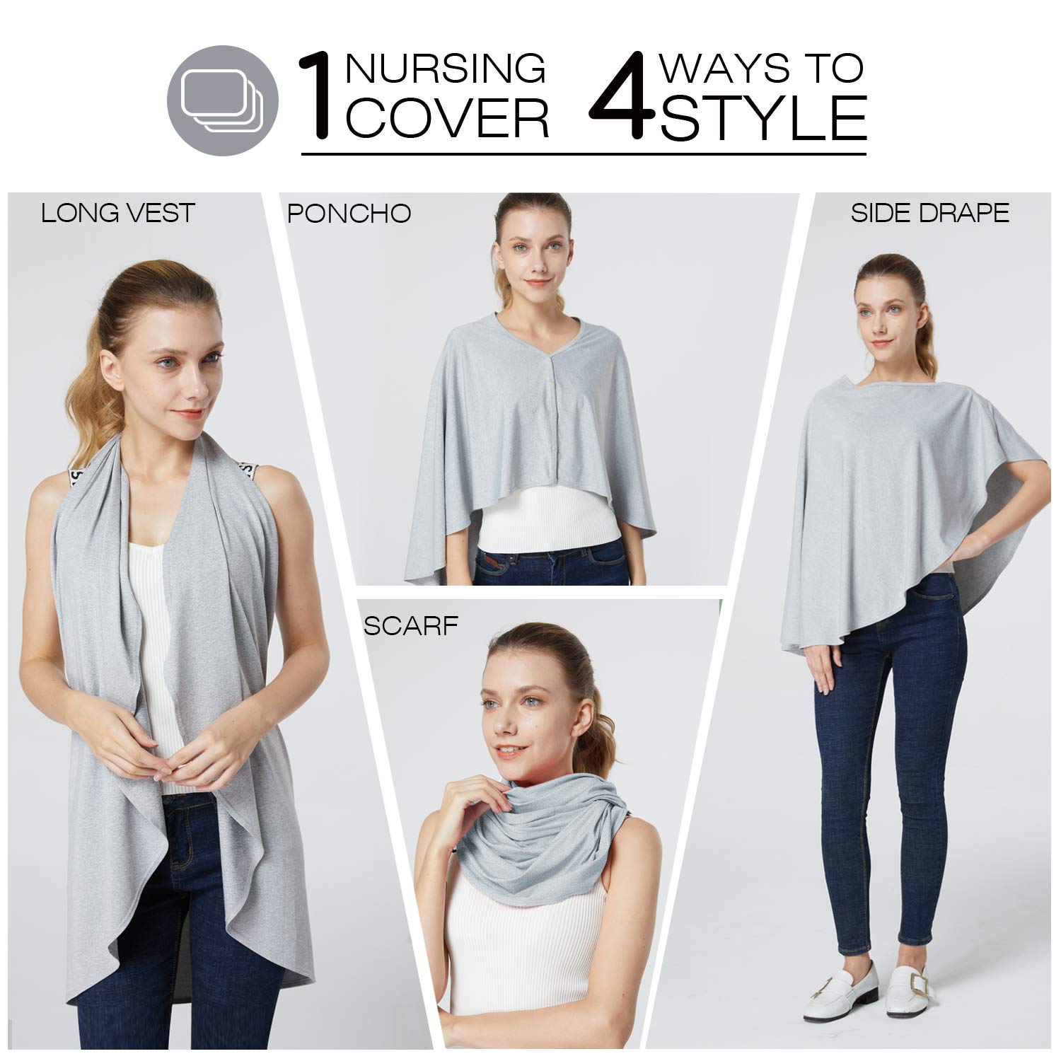 Nursing Cover & Baby Nursing Poncho,Multi Use Breastfeeding Cover for CarSeat Canopy, High Seat Cover, Stroller Cover, Shopping Cart Cover,Nursing Scarf for Boy and Girl by Kefee Kol (Grey)