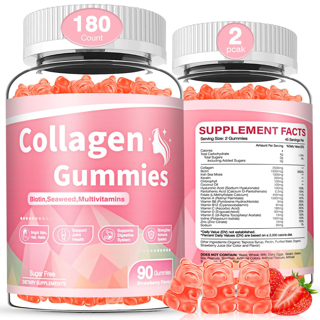WyuuKi 180 Count Collagen Gummies 2500mg Collagen Protein Type I II III V X with Biotin Vitamins C A B D E Keratin Hyaluronic Acid for Hair Skin Nails Joint Immune Digestion for Women Men Sugar Free