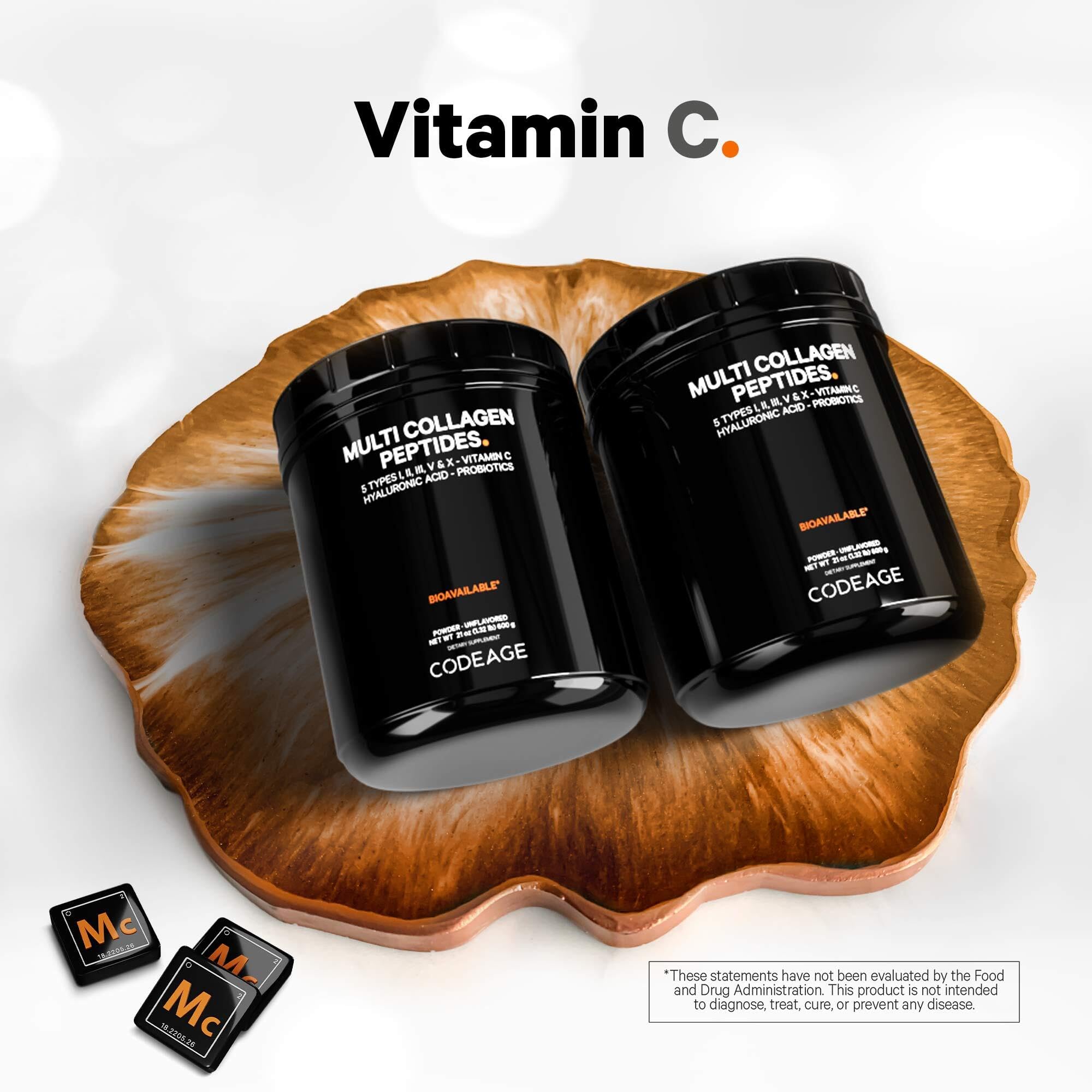 Codeage Multi Collagen Peptides + Probiotics Black Edition, Vitamin C, Hyaluronic Acid Powder Supplement, Grass-Fed, Pasture-Raised, Hydrolyzed, Zero Carbs, Type I, II, III, V & X, Unflavored, 21oz