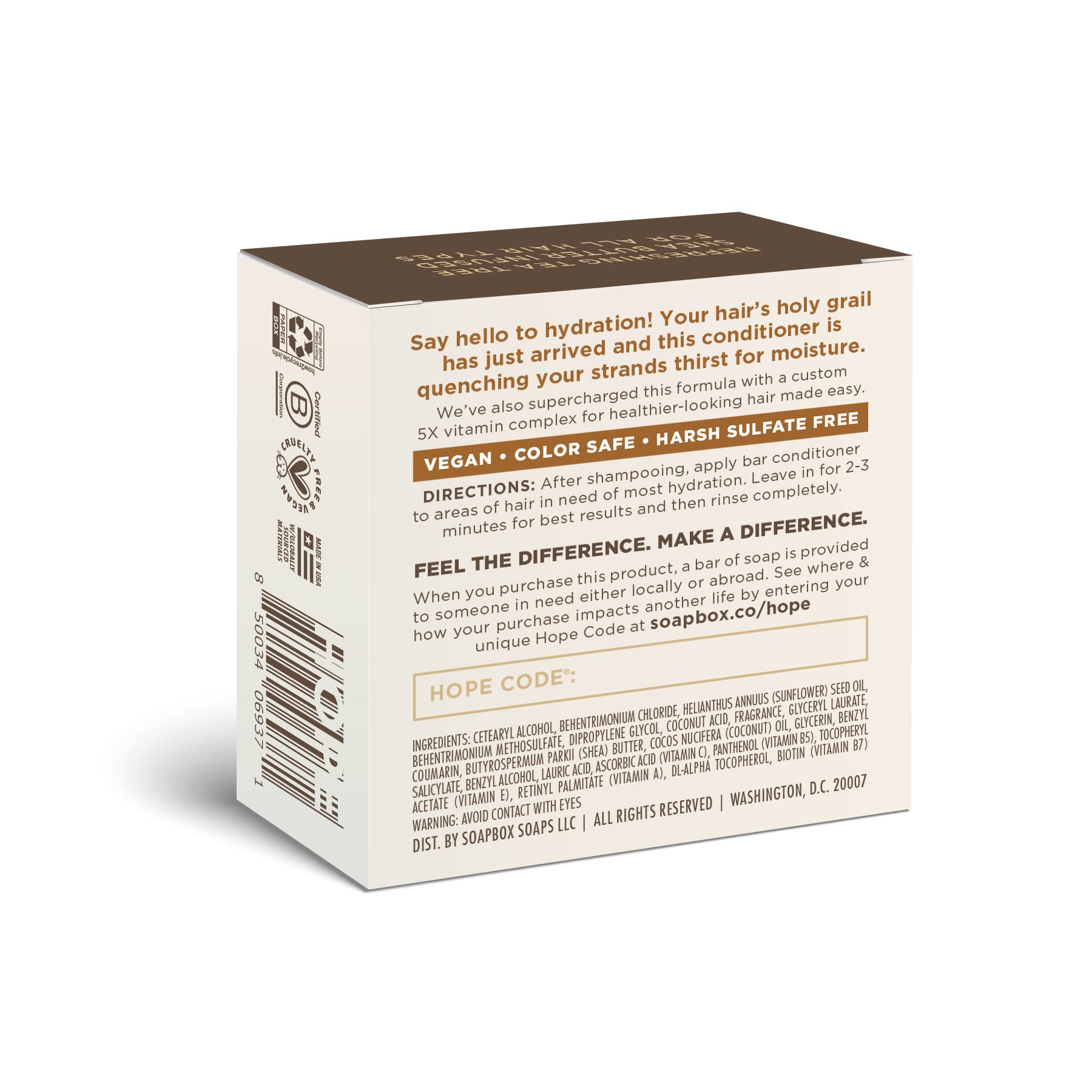 Soapbox Hair Conditioner Bar with Coconut Oil to Moisturize and Nourish Dry Damaged Hair - 2oz Solid Conditioner, Low Plastic, Vegan, Sulfate Free, Paraben Free