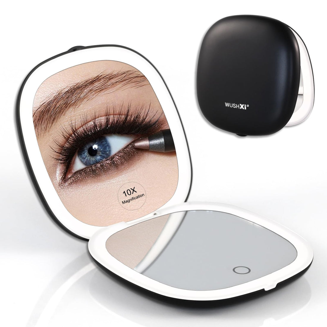 WUSHXI Portable LED Makeup Mirror - Compact Travel Mirror with Light, 10X Magnification, Adjustable Brightness, Rechargeable, for Her, Travel Accessories for Women, Ideal for Purse