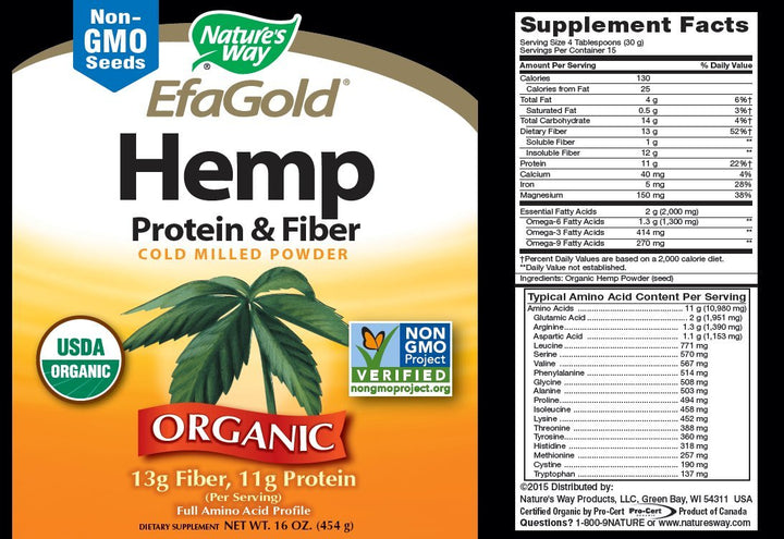 Nature's Way Organic Hemp Powder Protein & Fiber, Highest Quality, Cold-Milled, Unrefined, 16 Oz
