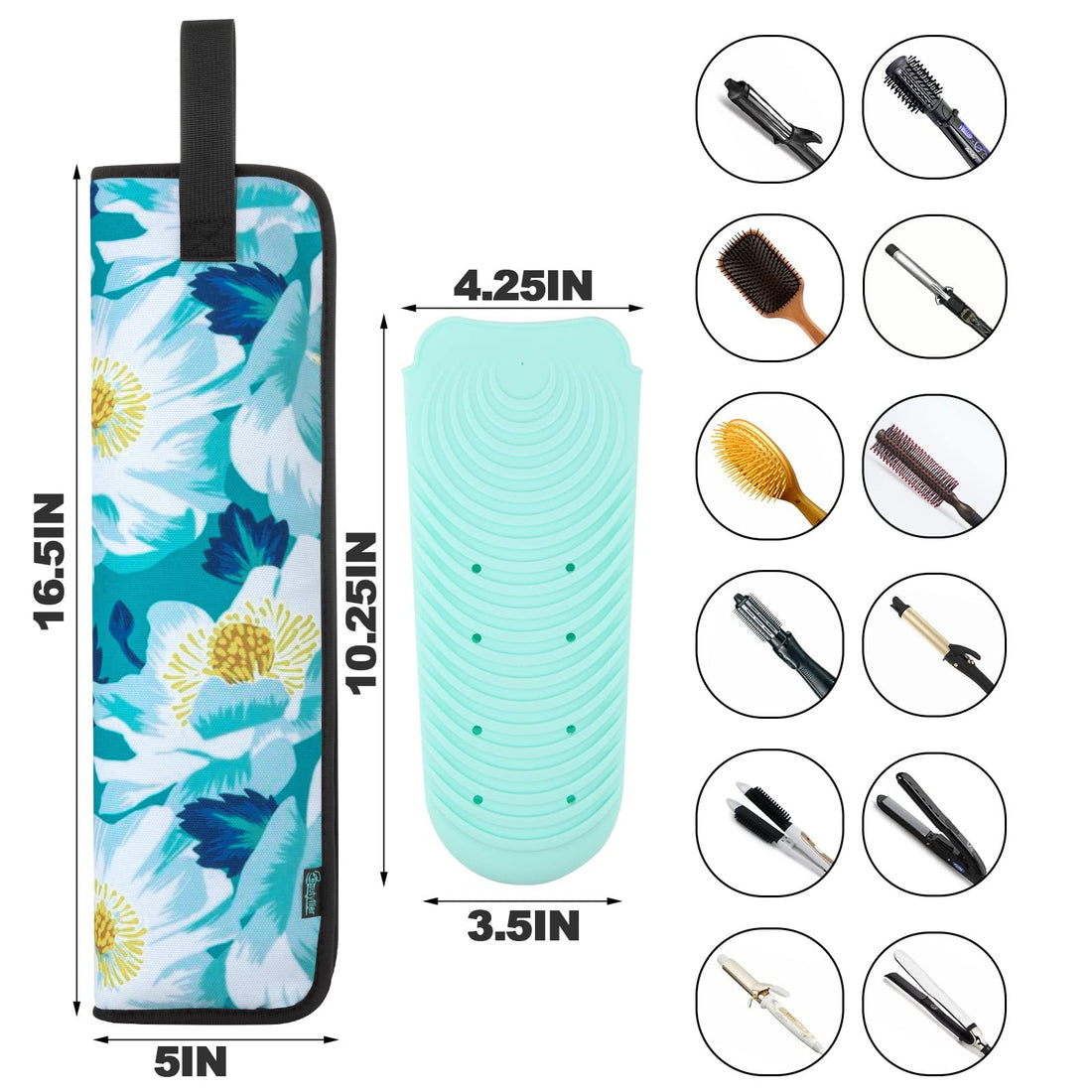 Beautyflier 2 Pieces Curling Iron Cover Sleeve, Canvas Heat-Resistant Flat Iron Hair Straightener Holder Pouch, Hair Straightener Travel Cover for Travel, Gym, or Home (16.5IN, Flower White)