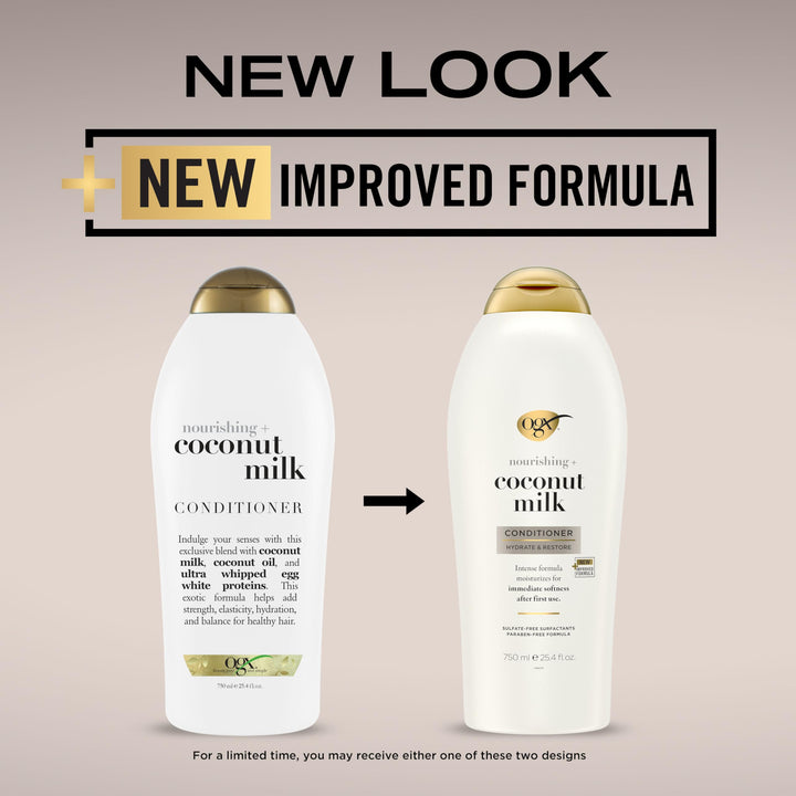 OGX Nourishing + Coconut Milk Moisturizing Conditioner for Strong & Healthy Hair, with Coconut Milk, Coconut Oil & Egg White Protein, Paraben-Free, Sulfate-Free Surfactants, 25.4 fl oz