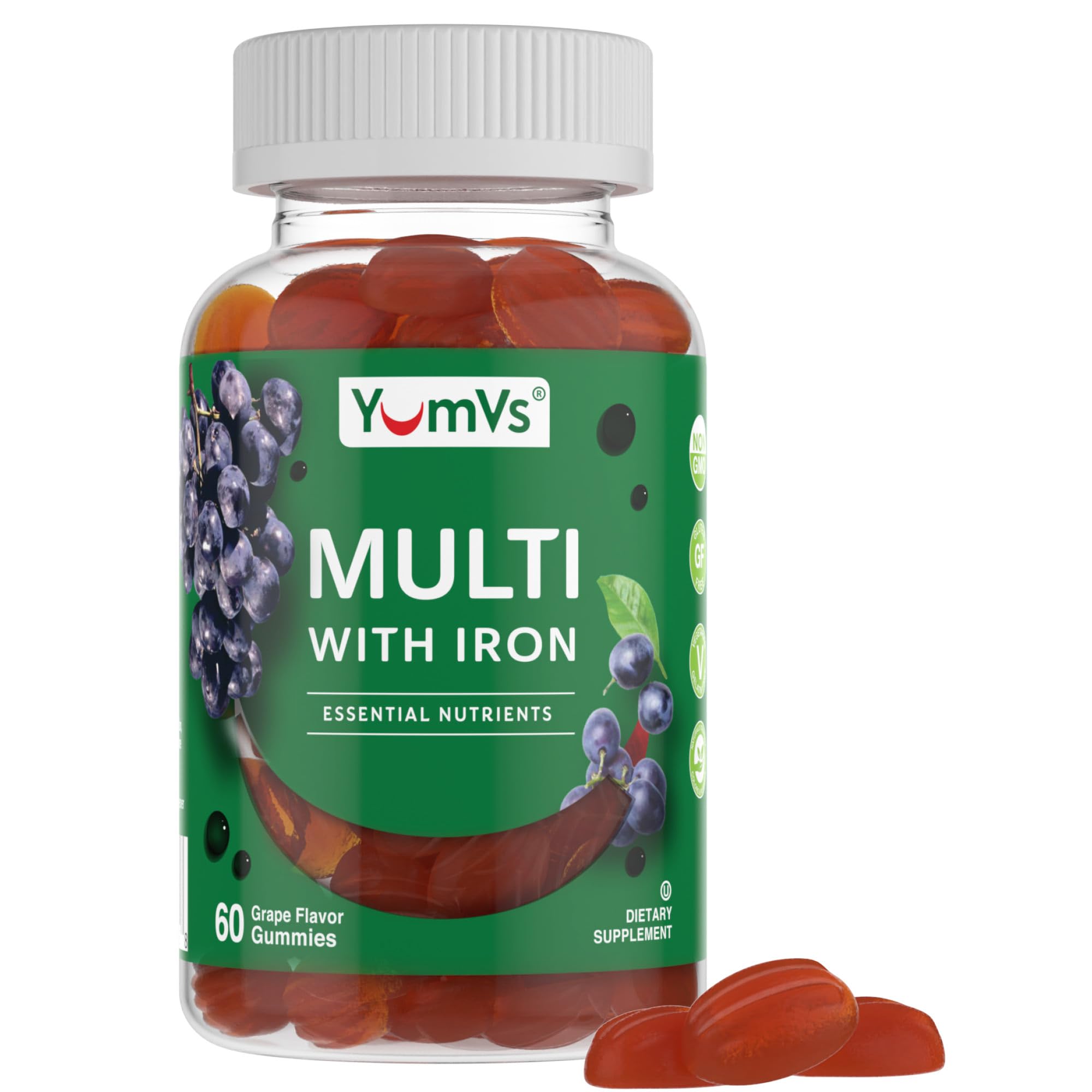 YumVs Multivitamin Gummies with Iron - Grape Flavor - Vegetarian Kosher Multi Vitamins for Adults with Vitamin A C B6 B12 Biotin Zinc - No Calcium - Mens/Womens Multivitamin with Iron Gummy (60 Count)
