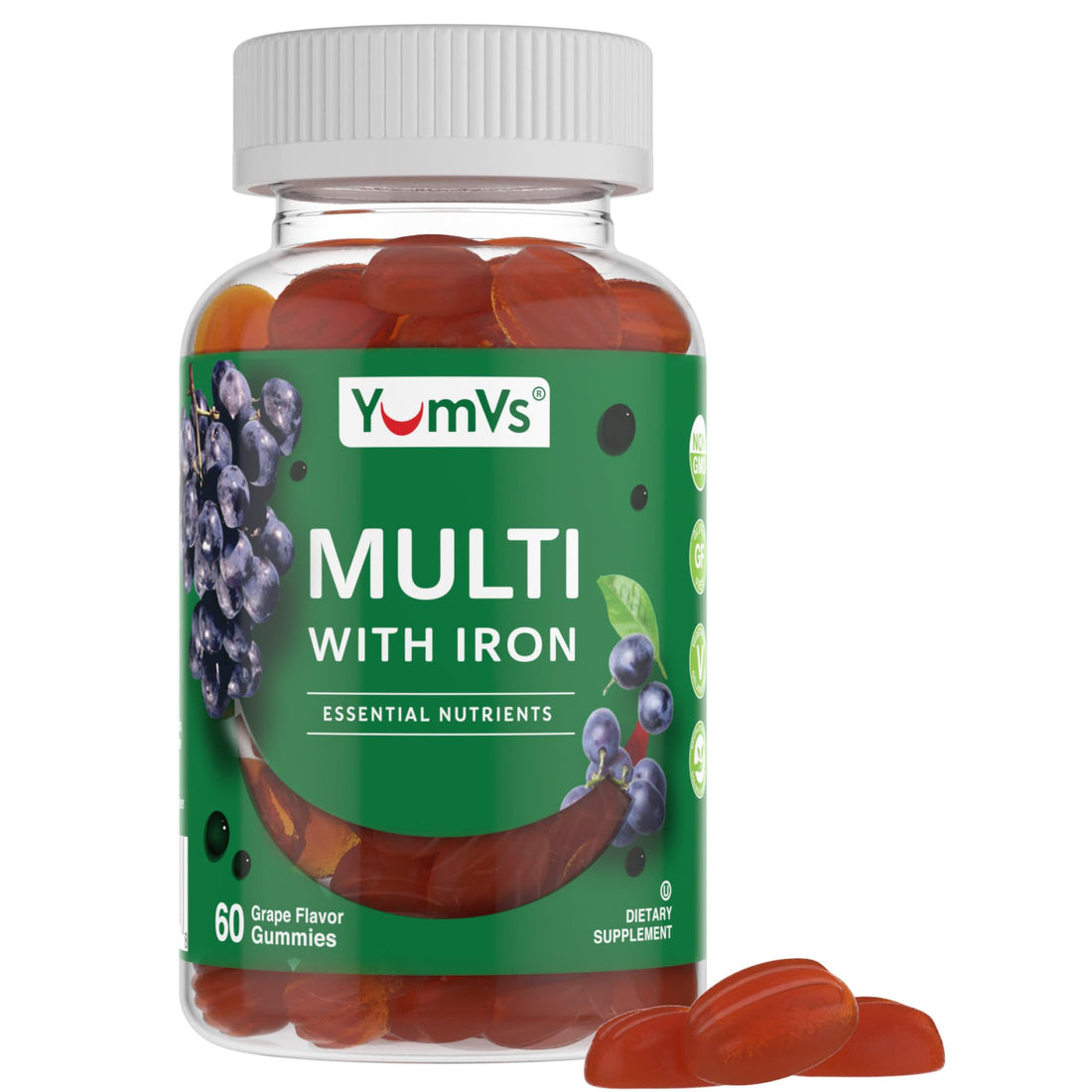 YumVs Multivitamin Gummies with Iron - Grape Flavor - Vegetarian Kosher Multi Vitamins for Adults with Vitamin A C B6 B12 Biotin Zinc - No Calcium - Mens/Womens Multivitamin with Iron Gummy (60 Count)