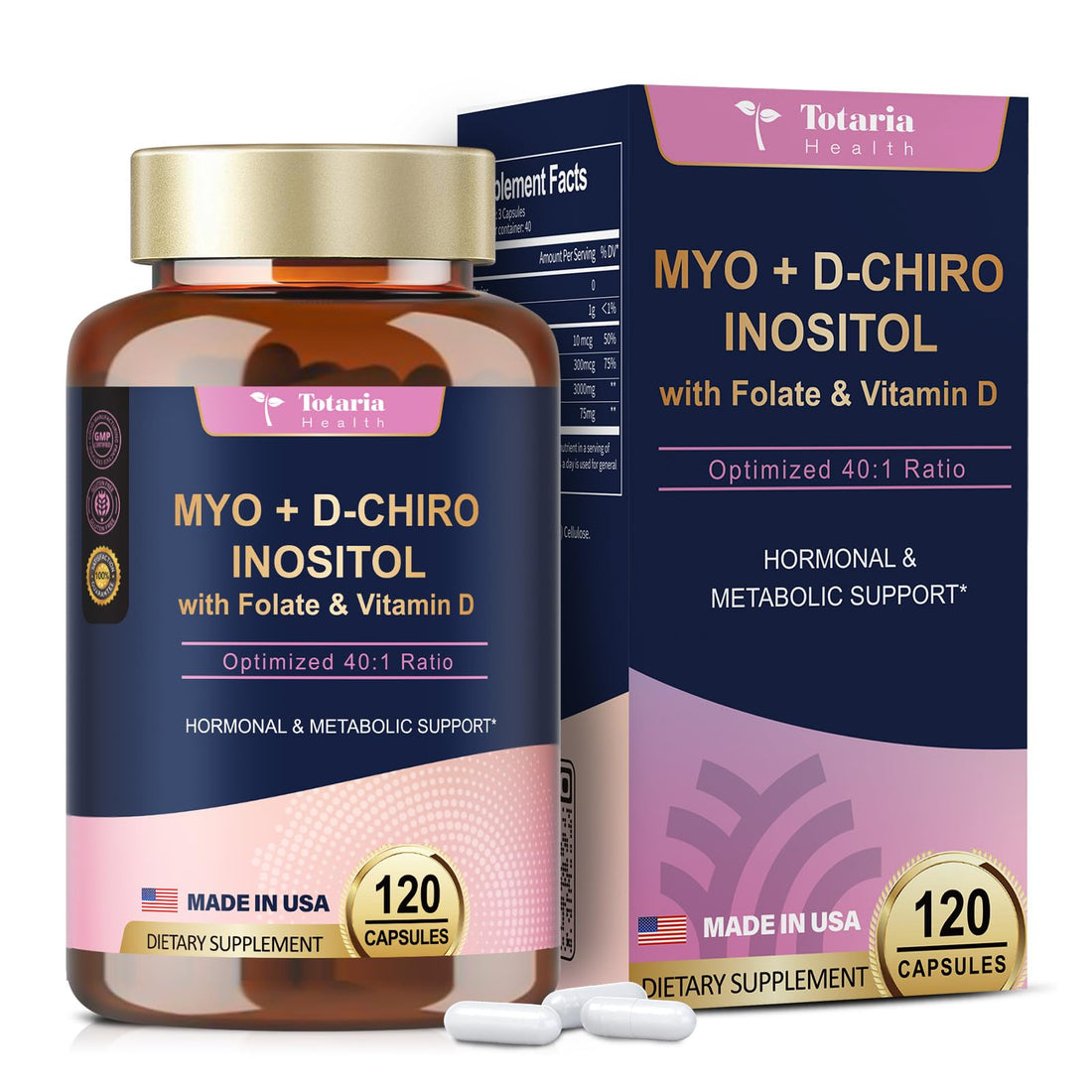 Totaria Inositol Supplement - Myo-Inositol & D-Chiro Inositol Capules Plus Vitamin D3, Folate, Ideal 40:1 Ratio - Hormonal Balance for Women & Ovarian* Support | Vegan, Non GMO - 120 Caps
