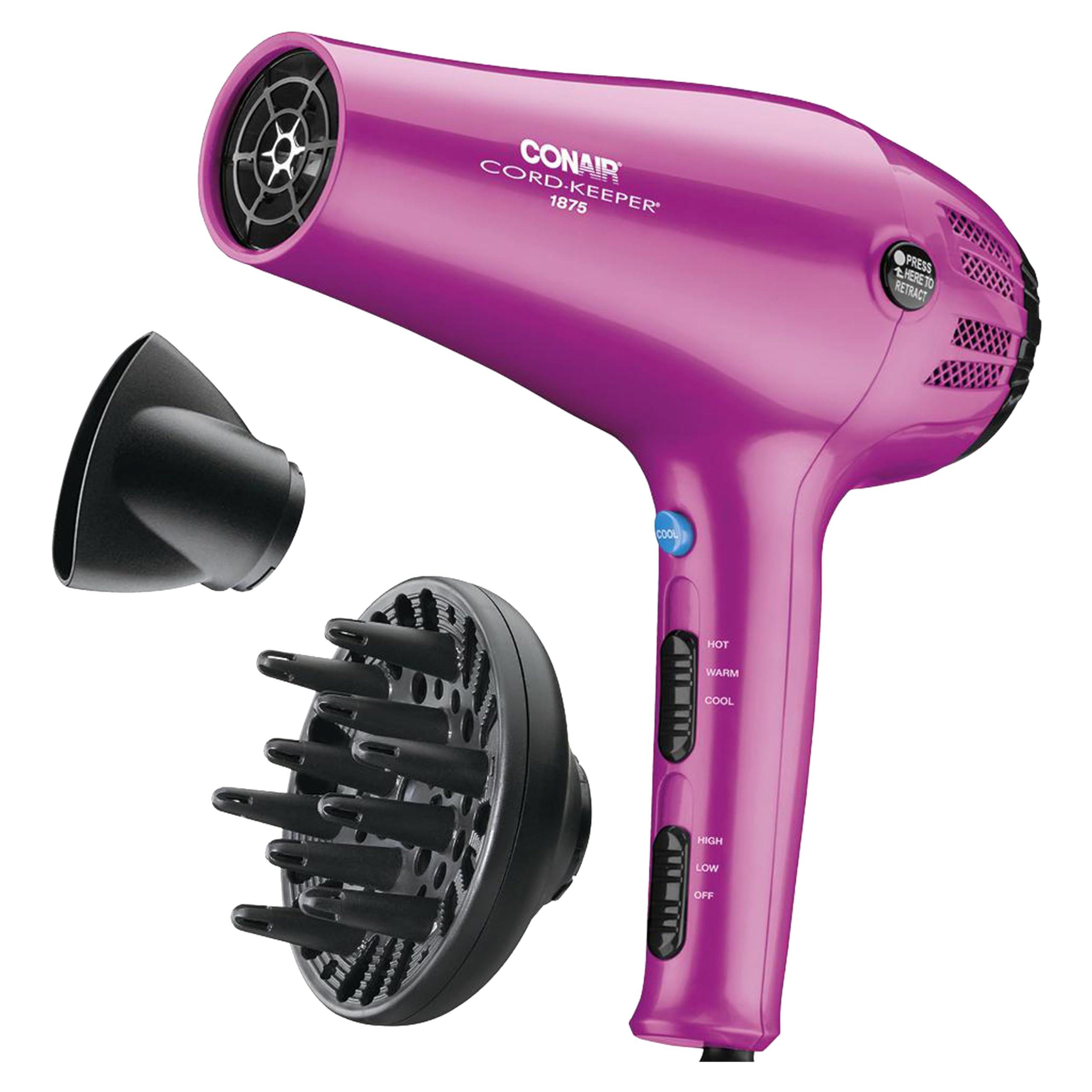 Conair Hair Dryer with Retractable Cord, 1875W Blow Dryer, 3 Heat Settings, 2 Speeds, Blow Dryer with Diffuser and Concentrator Attachments, Ionic + Tourmaline Technology, Pink