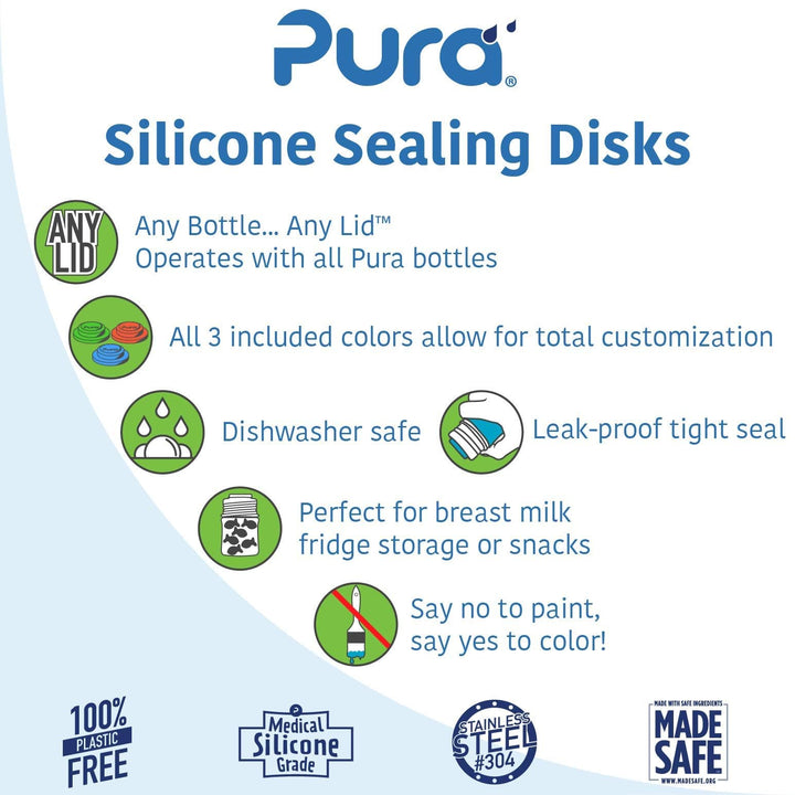 Pura Kiki Bottle Silicone Sealing Disks | Plastic-Free, Medical Grade, Unbreakable, Airtight | Baby Formula Milk, Food Storage, Breastmilk Storage for Travel | 3-Piece (Blue, Orange, Green)