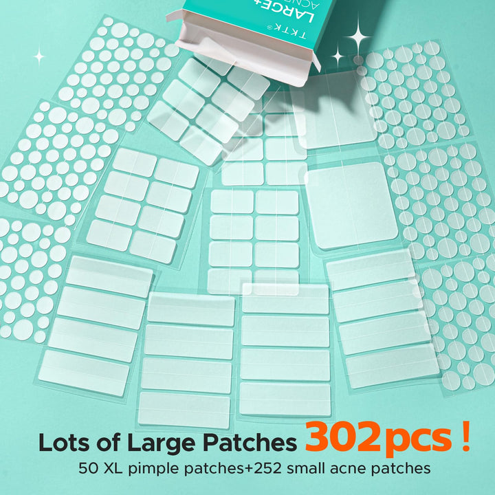 TKTK Large Pimple Patches for Face, 7 Sizes XL Acne Patches, Big Hydrocolloid Bandages for Body, Chin, Forehead, Chest, Back Zit Breakouts, Hydrocolloid Patch (Strip, Square, Dot 302 Count)