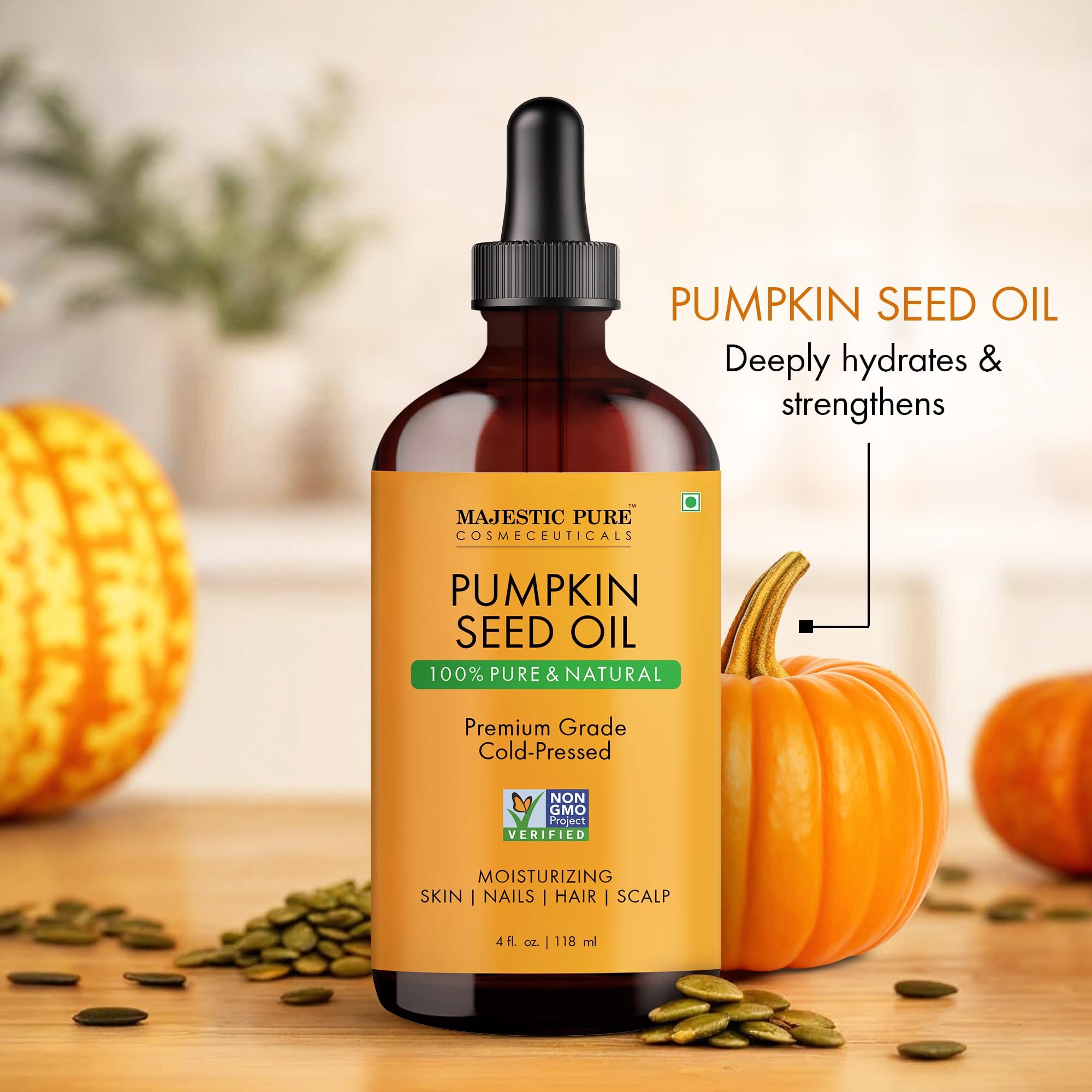 Majestic Pure Pumpkin Seed Oil - 100% Pure & Natural - Premium Grade, Cold Pressed, Hexane Free - Hair, Eyelashes, Eyebrows, Nails - Moisturizing & Nourishing - 4 Fl Oz