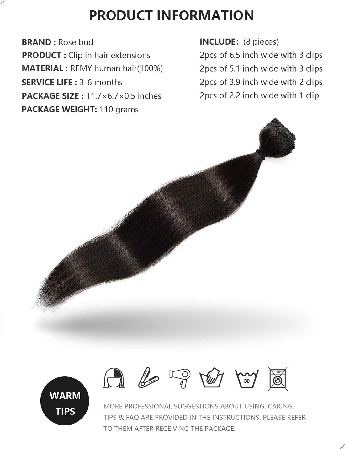 ROSEBUD Clip in Hair Extensions REMY Human Hair 8Pcs 18 Clips 70g/Set 18 Inch