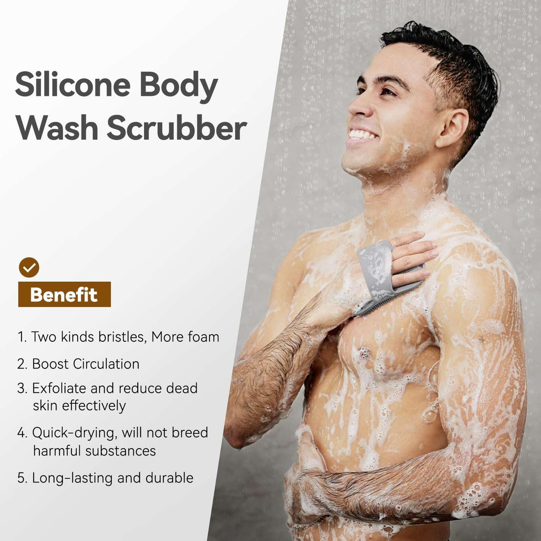 Silicone Body Scrubber for Men Women, Friendly Shower Body Scrubber for Sensitive Skin, Silicone Loofah Body Scrubber for Showering with Richer Foam Bristles and Anti-Slippery Handle, Gray