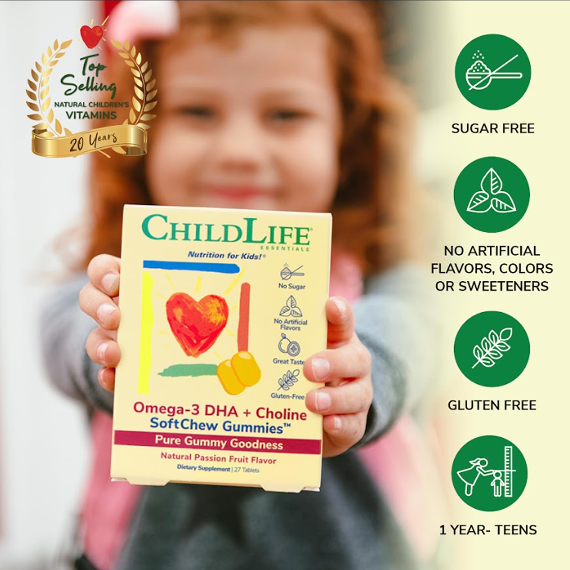 CHILDLIFE ESSENTIALS Omega-3 DHA + Choline SoftChew Gummies - for Kids, DHA for Kids, Omega 3 Gummies with Choline, Fish Oil for Babies, Toddlers & Children - Natural Passion Fruit, 27 Tablets