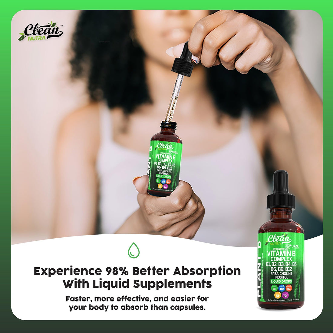 Vitamin B Complex Liquid Drops | Thiamine B1, B6, B2, B3, B4, B5, B7 B9, B12, Niacinamide, Paba, Choline Inositol Taurine Probiotics Beet Root Spirulina - Plant-B Vitamin Supplements by Clean Nutra