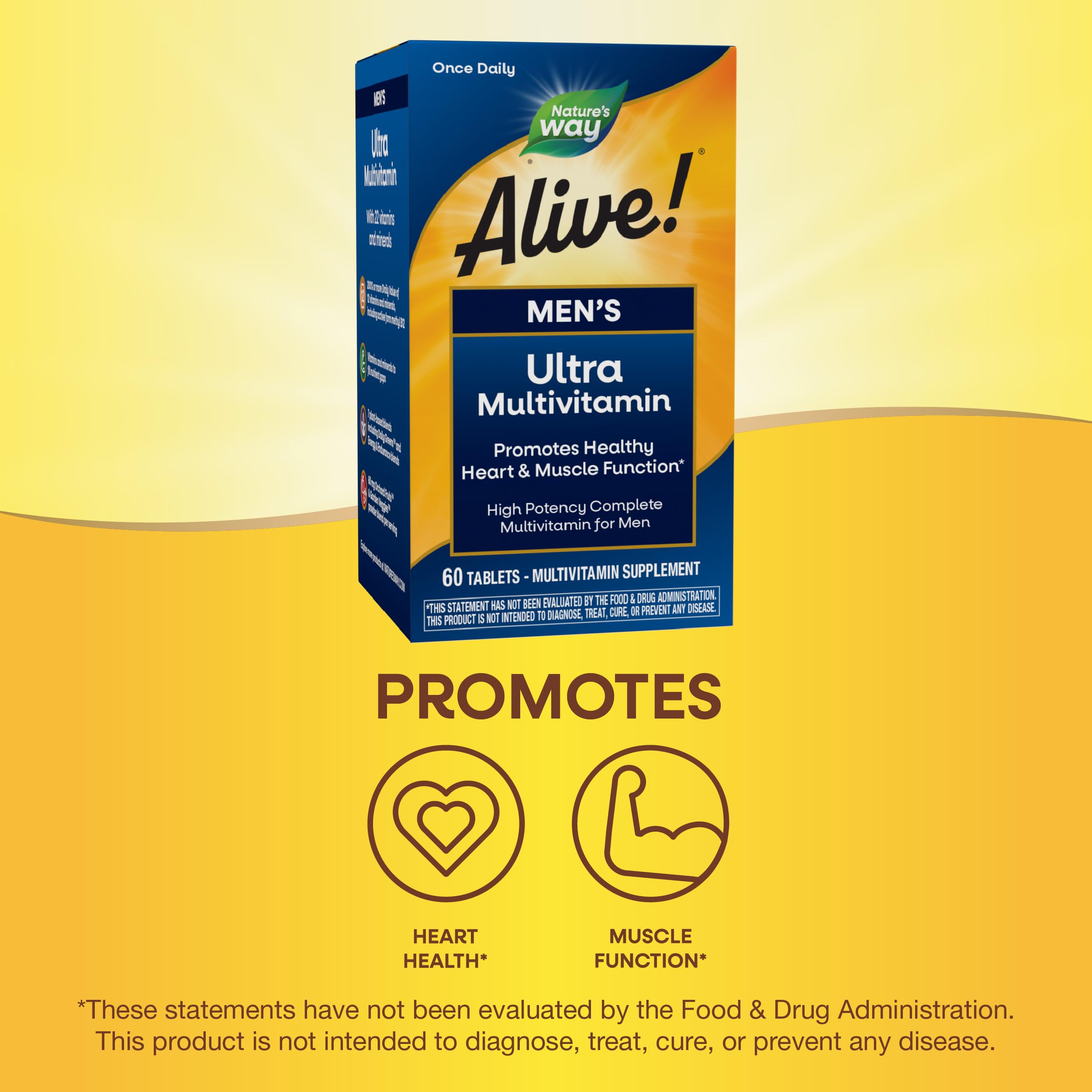 Nature's Way Alive! Men's Daily Ultra Multivitamin, High Potency Formula, Promotes Healthy Heart & Muscle Function*, with Methylated B12, Gluten Free, 60 Tablets (Packaging May Vary)