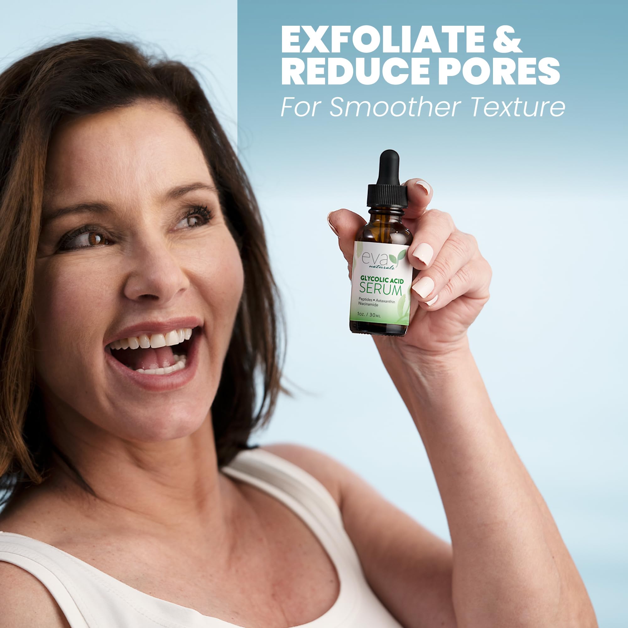 Eva Naturals Glycolic Acid Serum - Anti-Aging Vitamin C & Hyaluronic Acid Skin Brightening Formula Helps To Minimize & Exfoliate Pores, Reduce Fine Lines, Wrinkles, Acne Scarring & Breakouts - 1 Oz