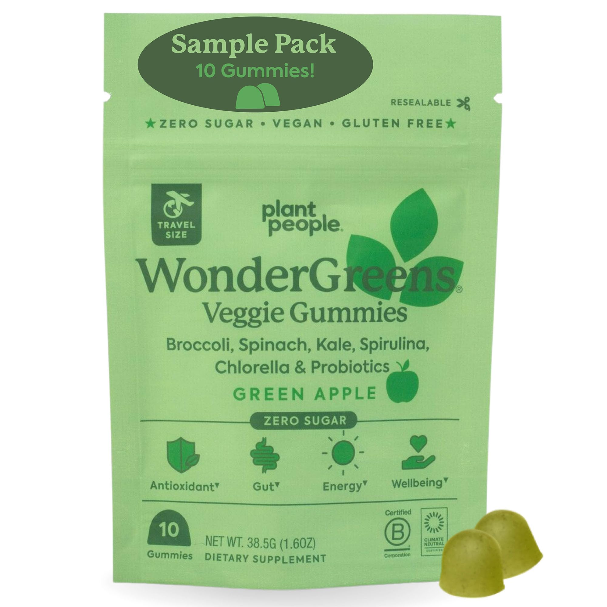 Plant People WonderGreens Veggie Gummies Super Greens with Probiotics Multivitamin Support Gummy for Wellbeing, Energy, Immune and Gut Health, Green Apple Flavor (Trial Size, 10 Count)