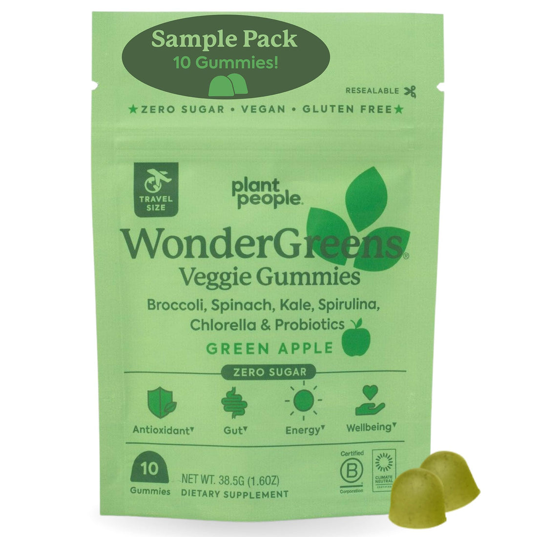 Plant People WonderGreens Veggie Gummies Super Greens with Probiotics Multivitamin Support Gummy for Wellbeing, Energy, Immune and Gut Health, Green Apple Flavor (Trial Size, 10 Count)