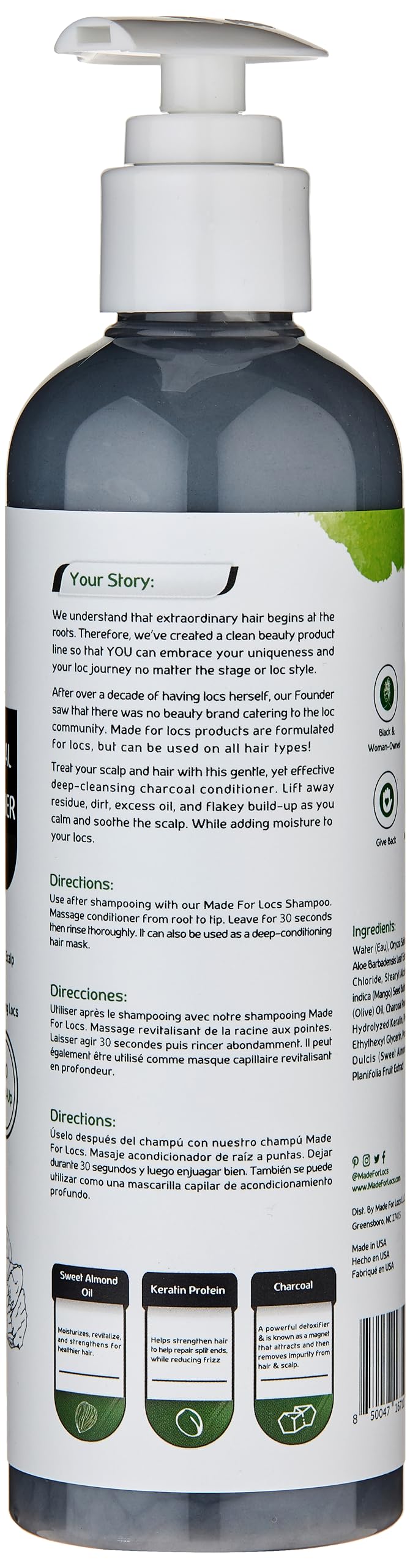 Made For Locs Black Charcoal Conditioner | Dreadlocks/Locs Detox Charcoal Conditioner | 8 oz