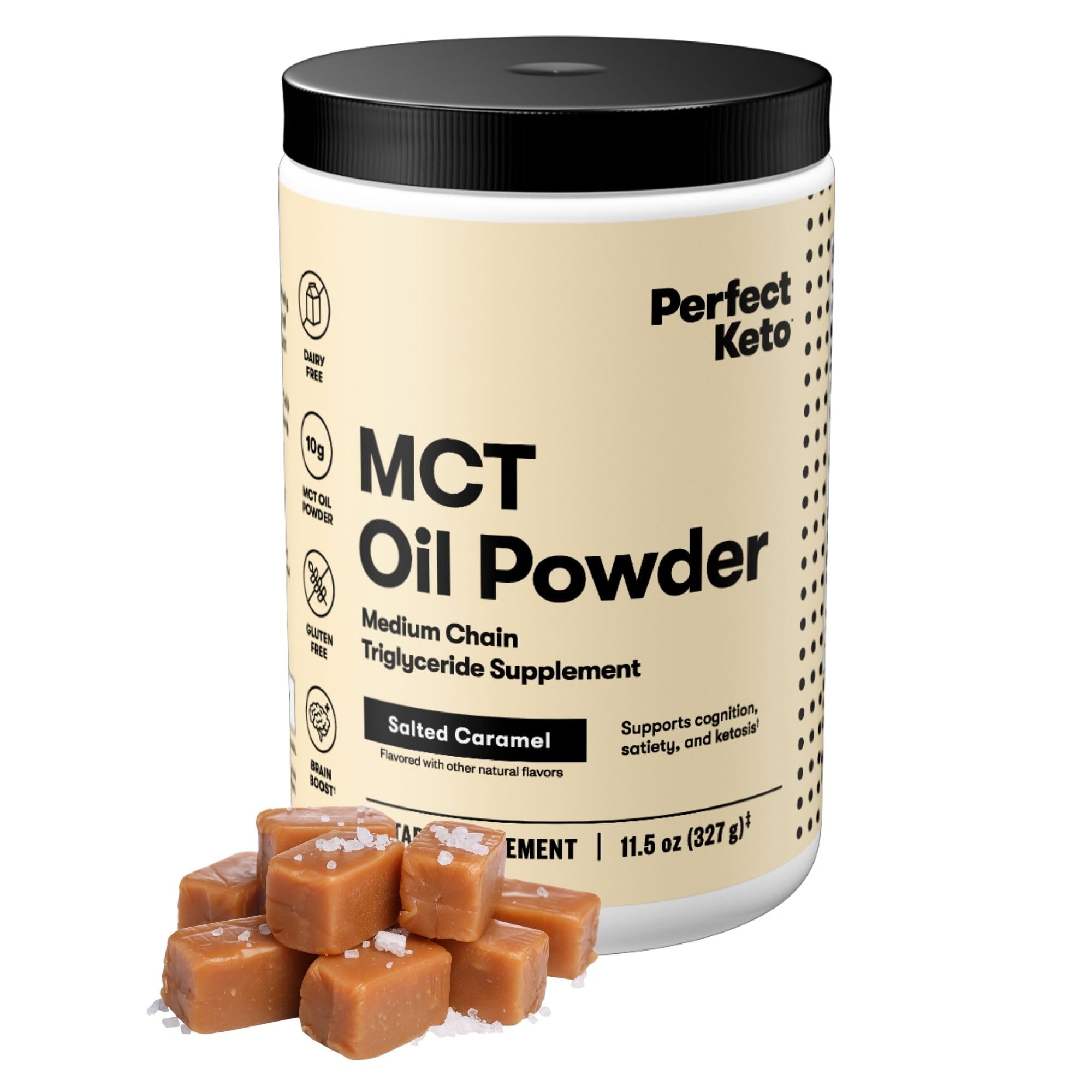 Perfect Keto 7g MCT Oil Powder, Medium Chain Triglycerides Supplement, Non Dairy Coffee Creamer for Keto Diet, Ketogenic MCT Oil Mix for Coffee, Smoothie, Protein Shakes, Salted Caramel, 30 Servings