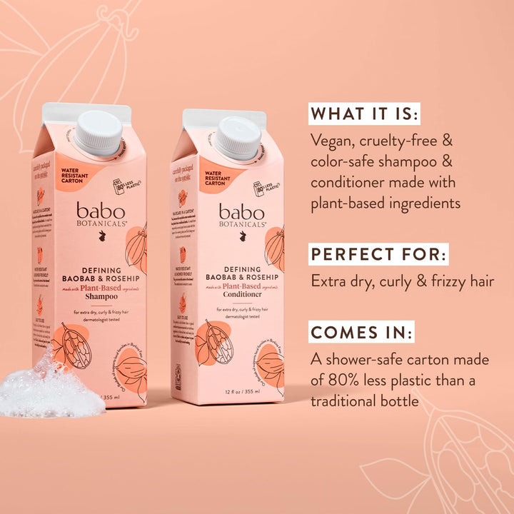 Babo Botanicals Defining Baobab & Rosehip Shampoo – For extra dry, curly hair – Smooth & Define – Passion Fruit Ferment for scalp – Water-Resistant Carton w. 80% Less Plastic – Vegan