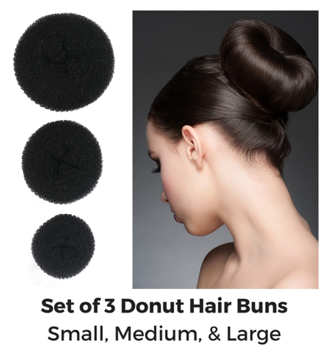 Donut Bun Maker - 3 Piece Set of Beautiful Hair Bun Makers - Great For Long Hair (1 Small, 1 Medium, 1 Large) (Black)