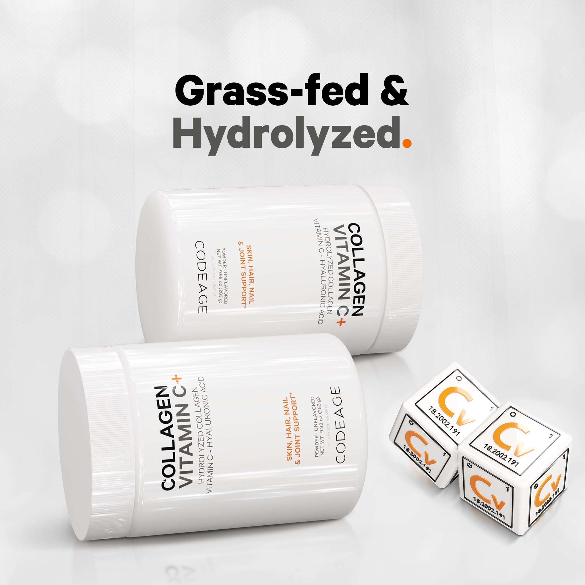 Codeage Collagen Peptides Powder + Vitamin C - 20g Grass-Fed Collagen Per Serving - Digestive Enzymes, Hyaluronic Acid, 18 Amino Acids - Hydrolyzed Collagen Protein - Non-GMO, Unflavored - 9.98 oz