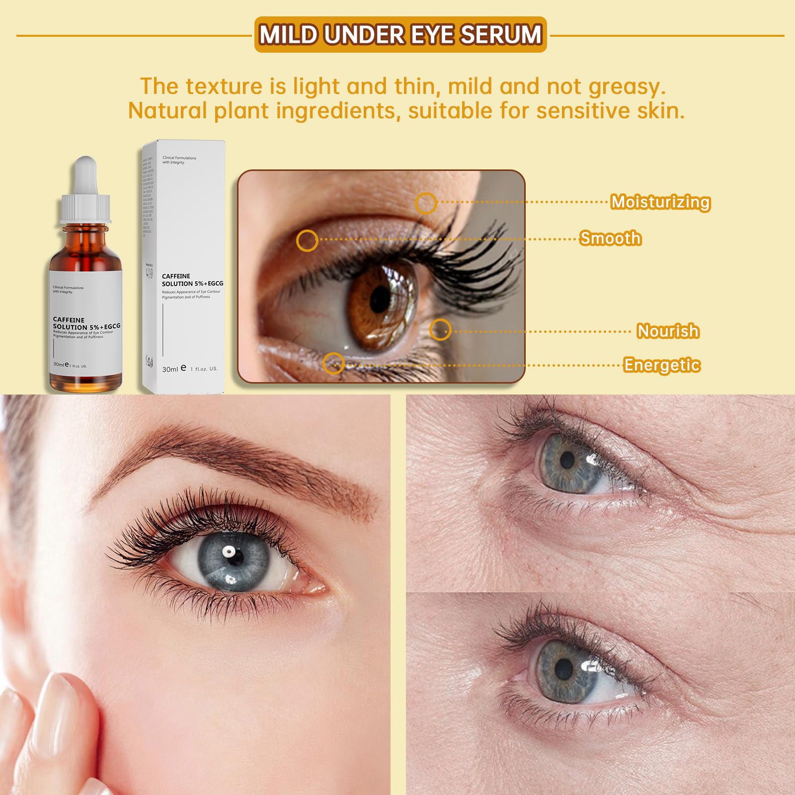 Caffeine Eye Serum with 5% EGCG – Moisturizing Solution for Reducing Dark Circles & Puffiness – 30ml, Caffeine Solution for Face & Under Eye Care