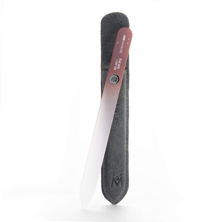 Crystal glass nail file in leather case, 3mm thick. DEAR MOM: I LOVE YOU