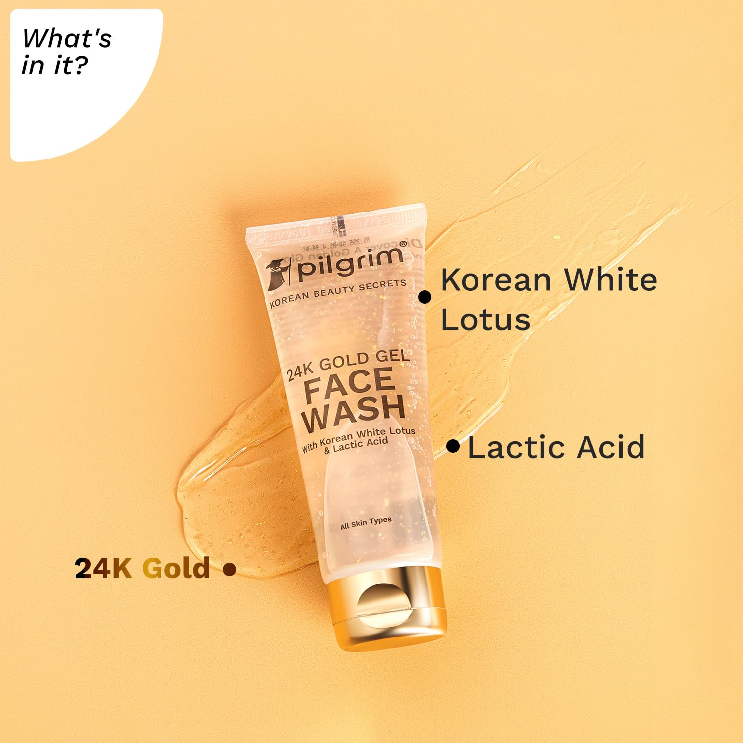 Pilgrim 24K Gold Gel Face Wash | with Lactic Acid & Korean White Lotus | Enhance Skin Radiance & Reduces Dark Spots | Gentle Exfoliating Cleanser for Glowing Skin | 2.71 Fl Oz (80ml)