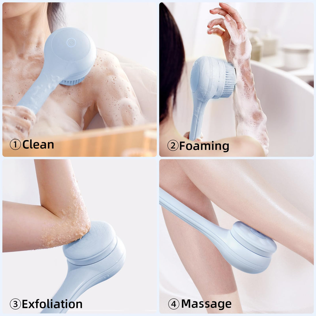Oh,XIYU. Electric Body Brush Back Scrubber for Shower, Waterproof Long Dual Handle Power Body Scrubber with 3 Heads, Rechargeable Bath Brush & 2 Speeds, for Cleansing, Exfoliating and Massaging Skin