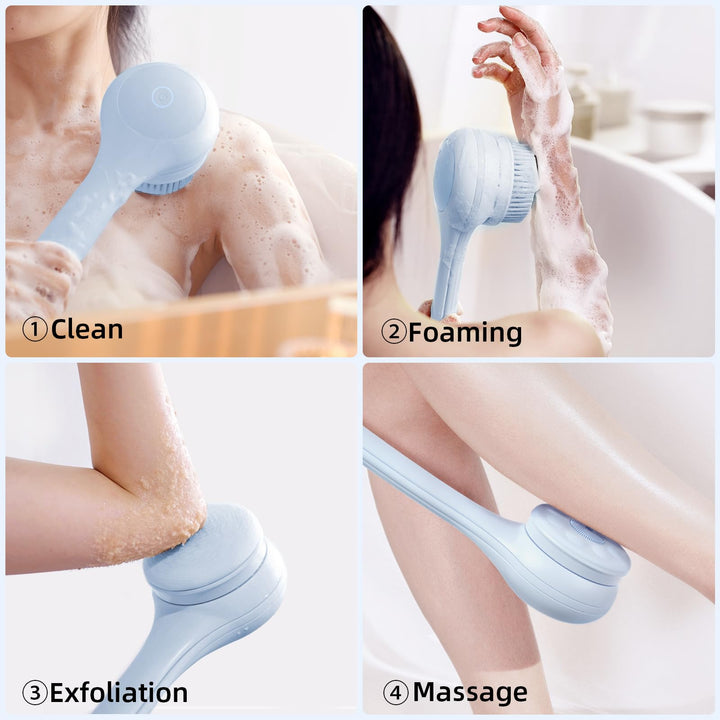 Oh,XIYU. Electric Body Brush Back Scrubber for Shower, Waterproof Long Dual Handle Power Body Scrubber with 3 Heads, Rechargeable Bath Brush & 2 Speeds, for Cleansing, Exfoliating and Massaging Skin