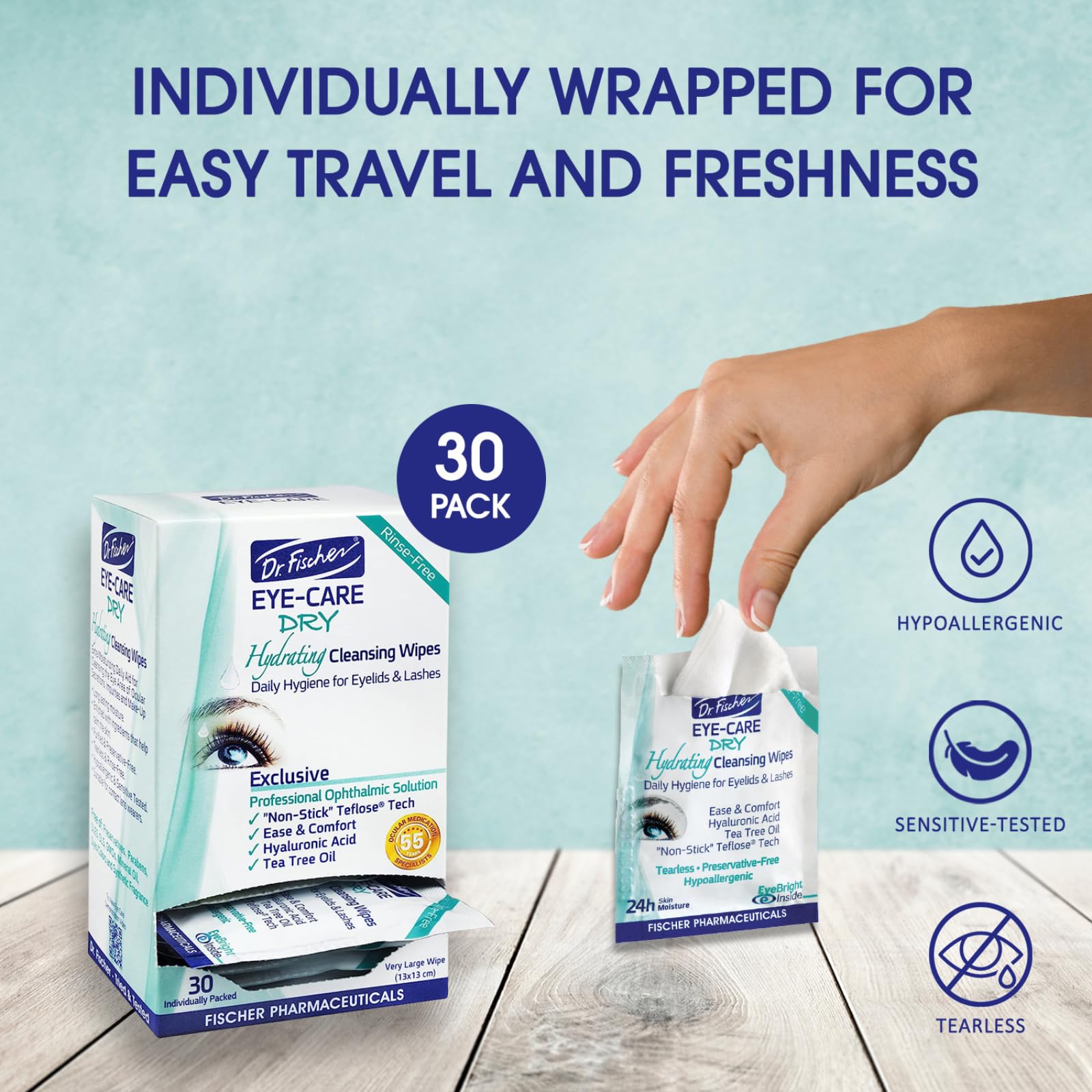 Dr. Fischer Eye Care Dry - Complementary Aid For Dry Eye Syndrome. Daily Hydrating Eyelid Wipes To Clean, Soften & Moisturize The Eye Area Of Ocular Secretions And Irritations (Twi