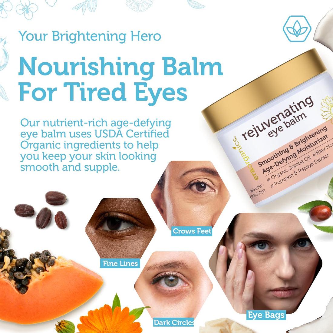 Rejuvenating Eye Cream (2oz.) Extra Nourishing & Moisturizing USDA Organic Anti Aging Eye Treatment for Dark Circles, Under Eye Bags, Puffiness & Wrinkles with Jojoba Oil, Argan Oil & More