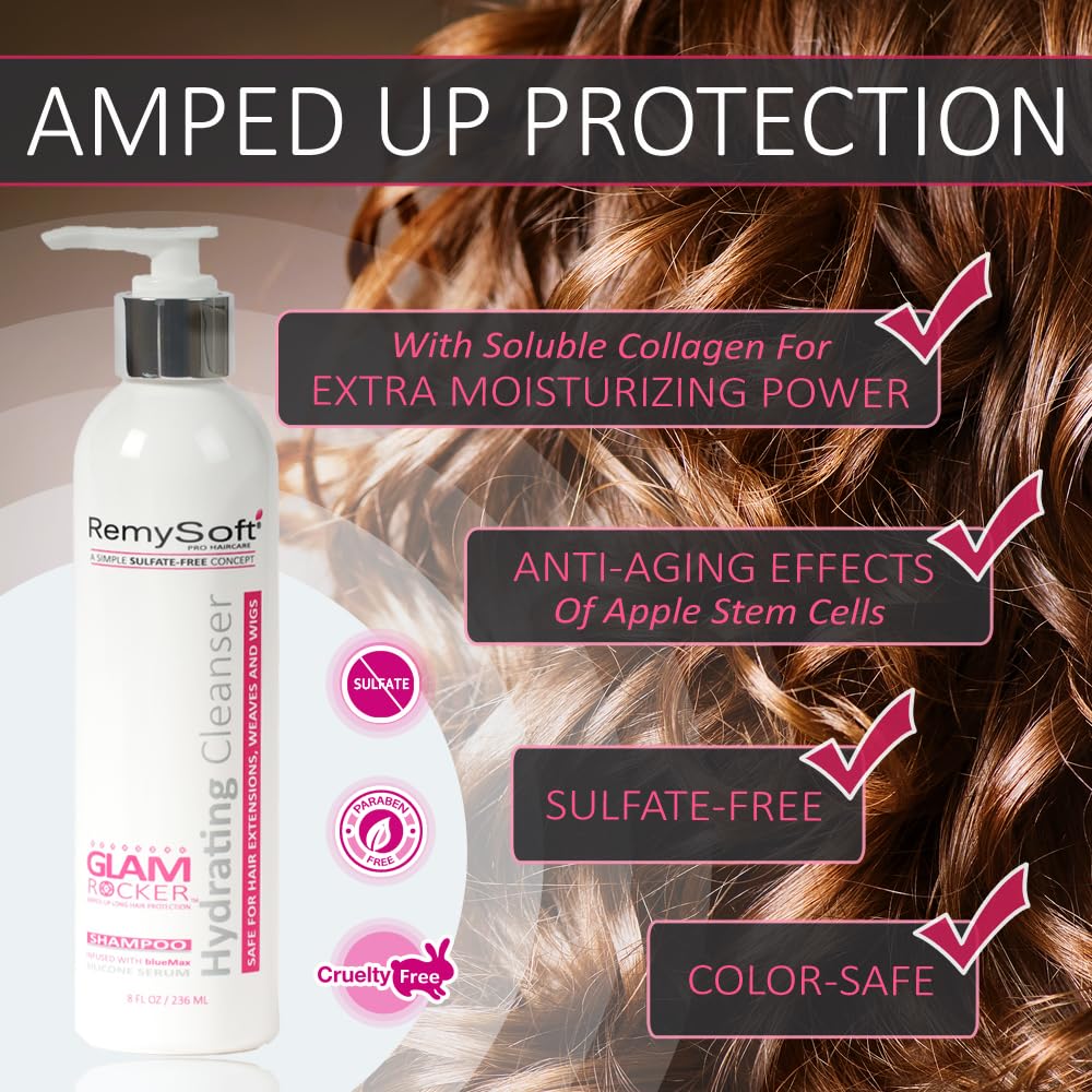 RemySoft Glam Rocker Rapid Renewal System - Safe for Hair Extensions, Weaves and Wigs - Salon Formula Shampoo, Conditioner & Leave-In Conditioner - Gentle Sulfate-free Lather