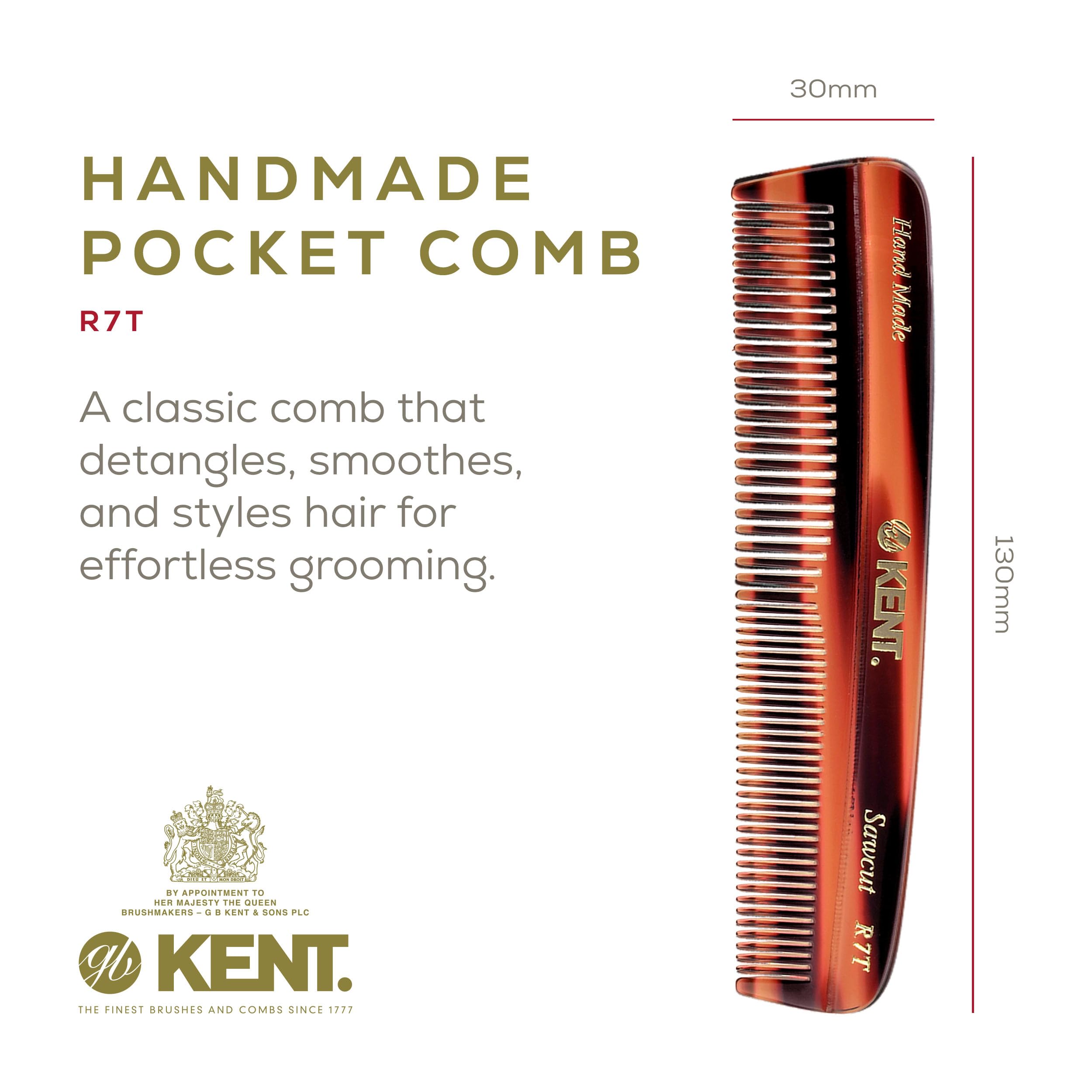 Kent R7T The Apsley Fine and Wide Tooth Beard and Hair Comb - Pocket Travel Comb for Men and Women