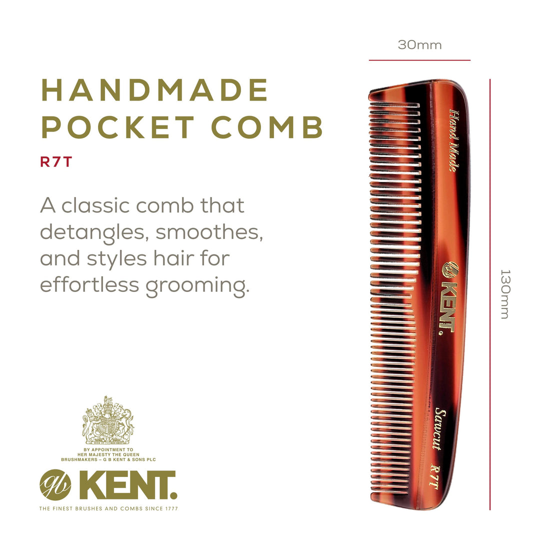 Kent R7T The Apsley Fine and Wide Tooth Beard and Hair Comb - Pocket Travel Comb for Men and Women