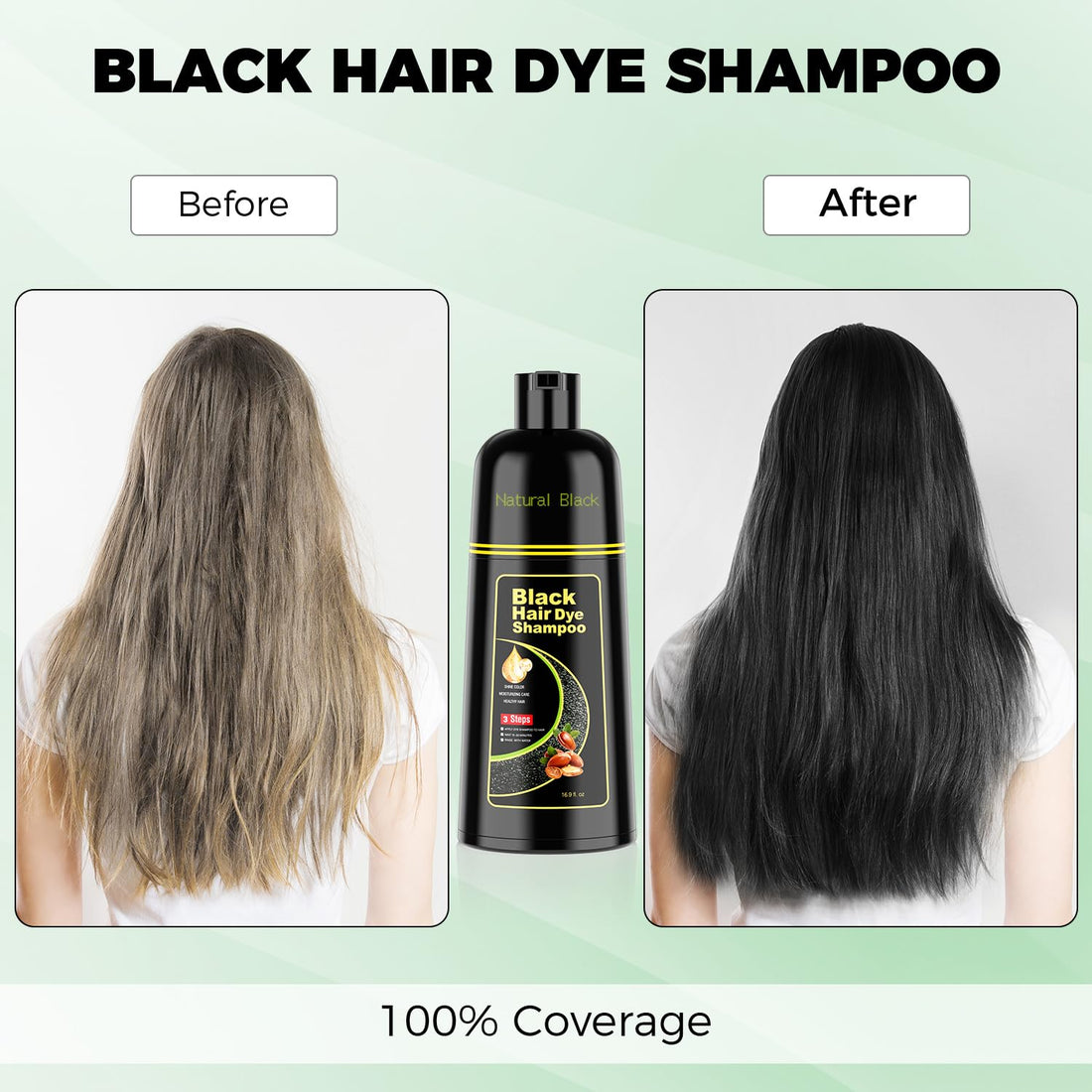 KAISASA Black Hair Dye Shampoo 3 in 1,Argan Natural Herbal Hair Color Shampoo Covers Gray Hair for Women and Men (16.9 fl.oz Black)